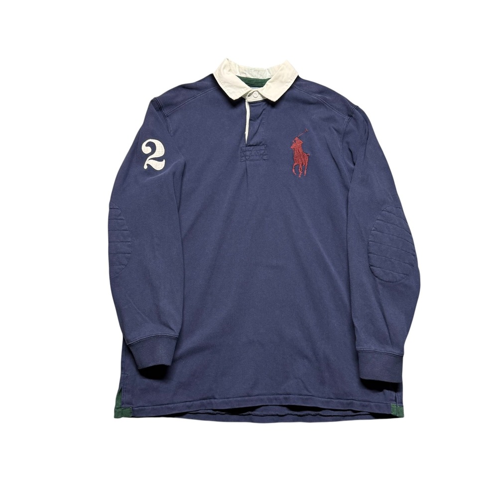 VTG Y2K Polo Ralph Lauren Big Pony Rugby Shirt Navy Blue L Elbow Patches Preppy